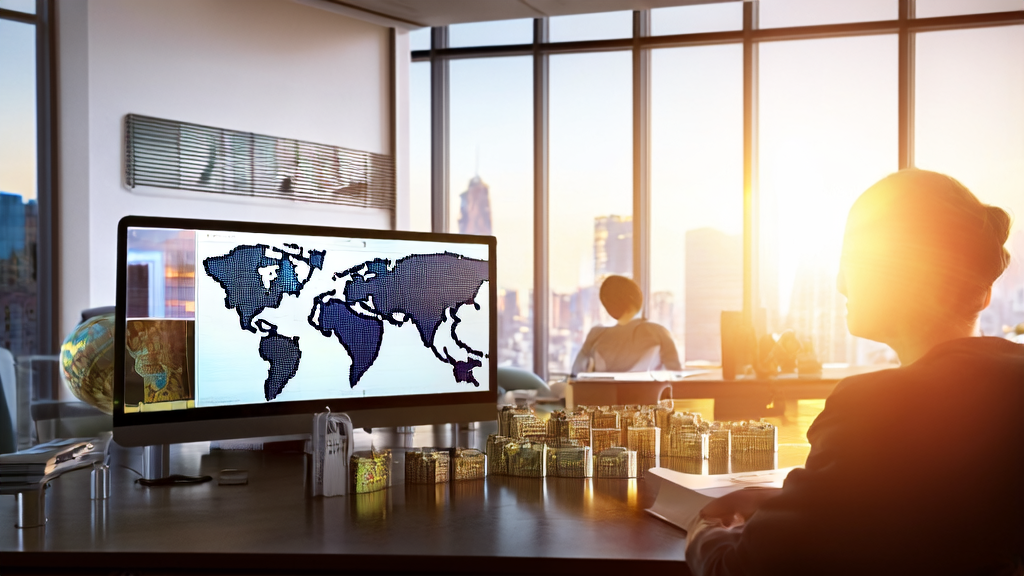 An employee in a modern office using AI email marketing tools to optimize email content, with a world map and global market elements in the background