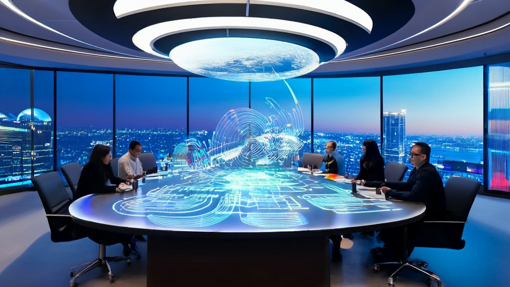 未来科技感办公室中的营销团队正在讨论AI优化的邮件营销方案和Manus Slides生成的专业幻灯片