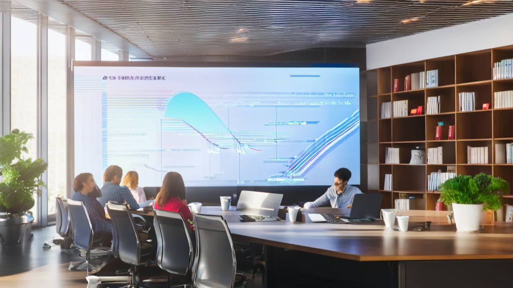 阳光下的现代化办公室，员工们正在使用AI邮件营销系统优化邮件内容，提高回复率。