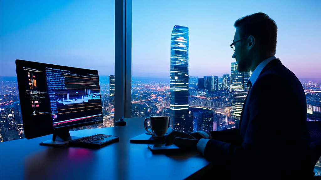 未来办公室中，商务人士使用AI技术进行邮件营销分析