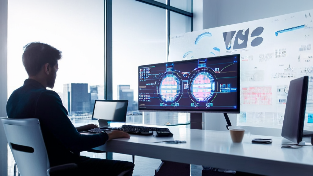 A young entrepreneur using AI email marketing tools in a high-tech office to optimize customer acquisition and improve email response rates.