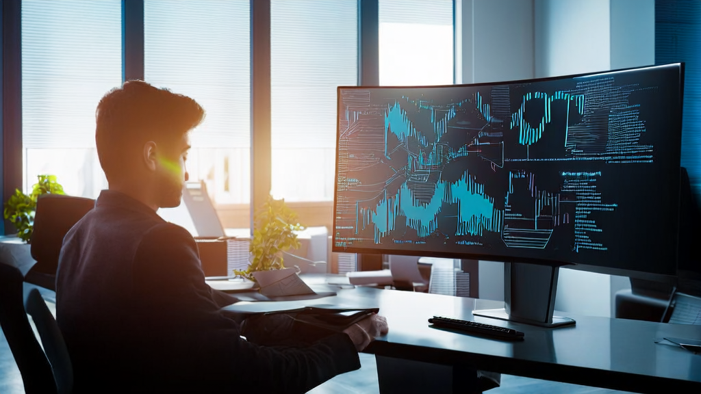 Scene of AI email marketing in a futuristic office with a young marketing expert analyzing data
