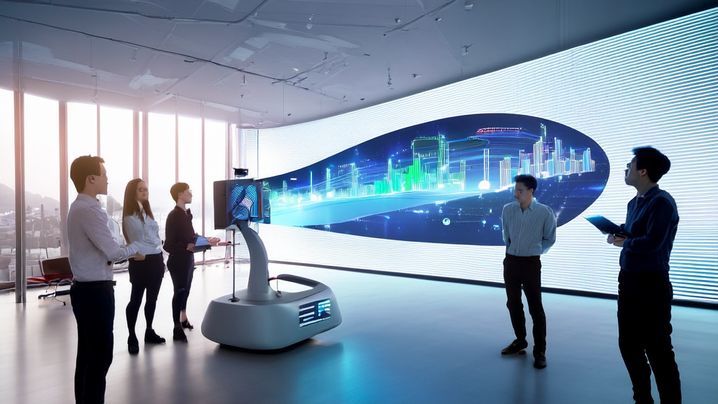 In a high-tech office, marketing experts are using AI technology to optimize email marketing strategies and increase customer response rates.