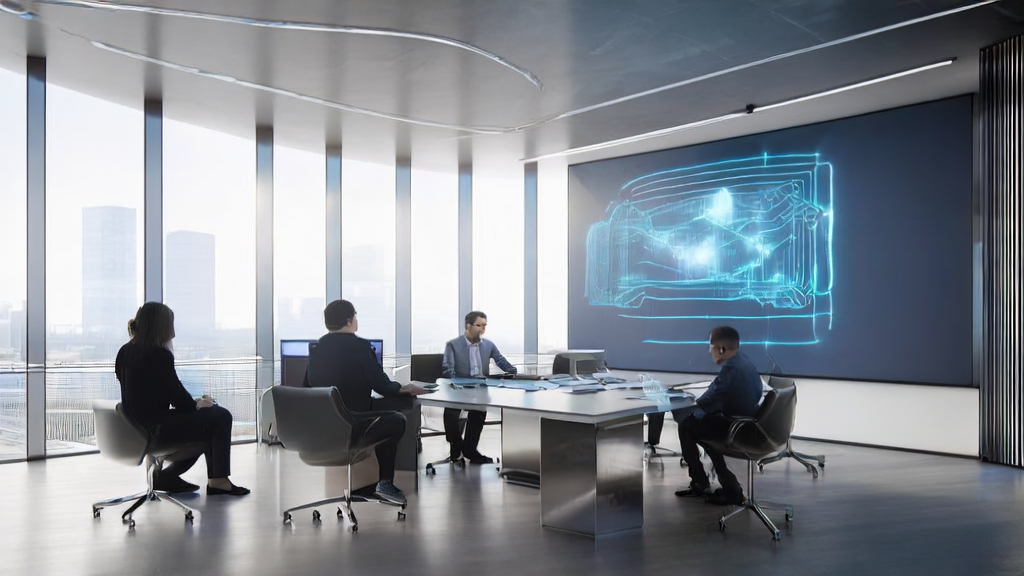 In a modern office bathed in sunlight, employees are discussing AI-optimized email marketing strategies, with a large screen displaying comparisons of open-source large model architectures.