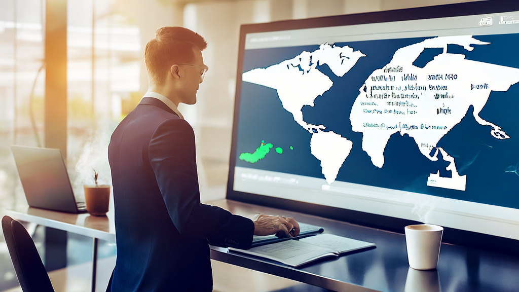 In a sunny morning, a young entrepreneur in a modern office is using AI email marketing tools to send personalized emails. The background wall features a world map showing global clients. The desk has a laptop and a cup of coffee, with the screen displaying optimized email marketing data, showing significantly improved response rates.