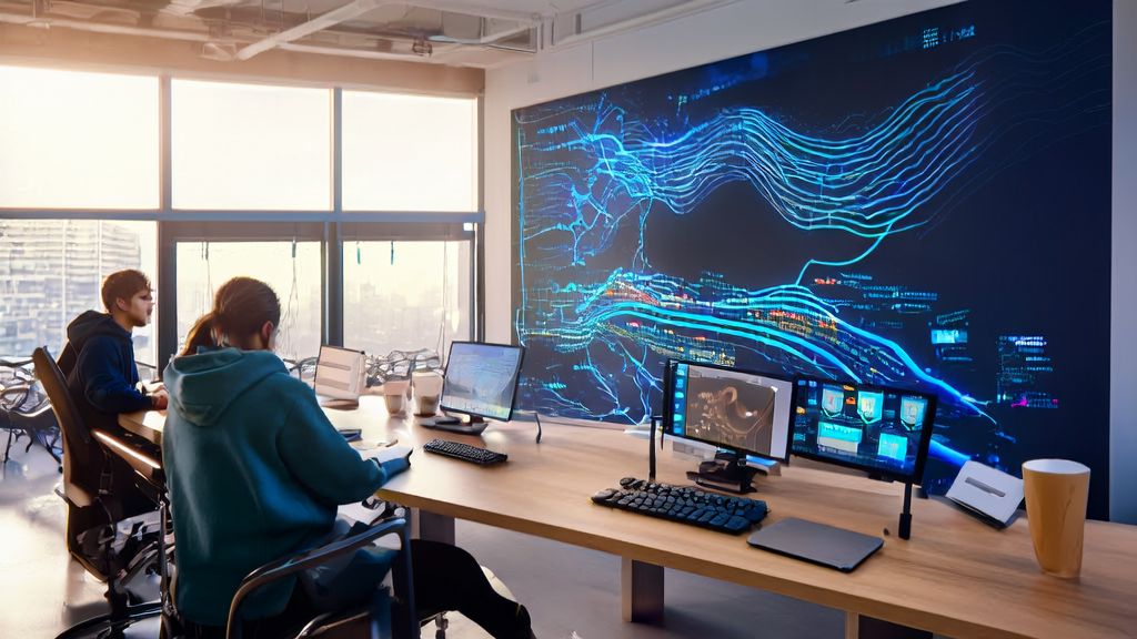 A modern office bathed in sunlight, with programmers developing AI email marketing tools, featuring a screen displaying the MOSS-TTSD open-source project