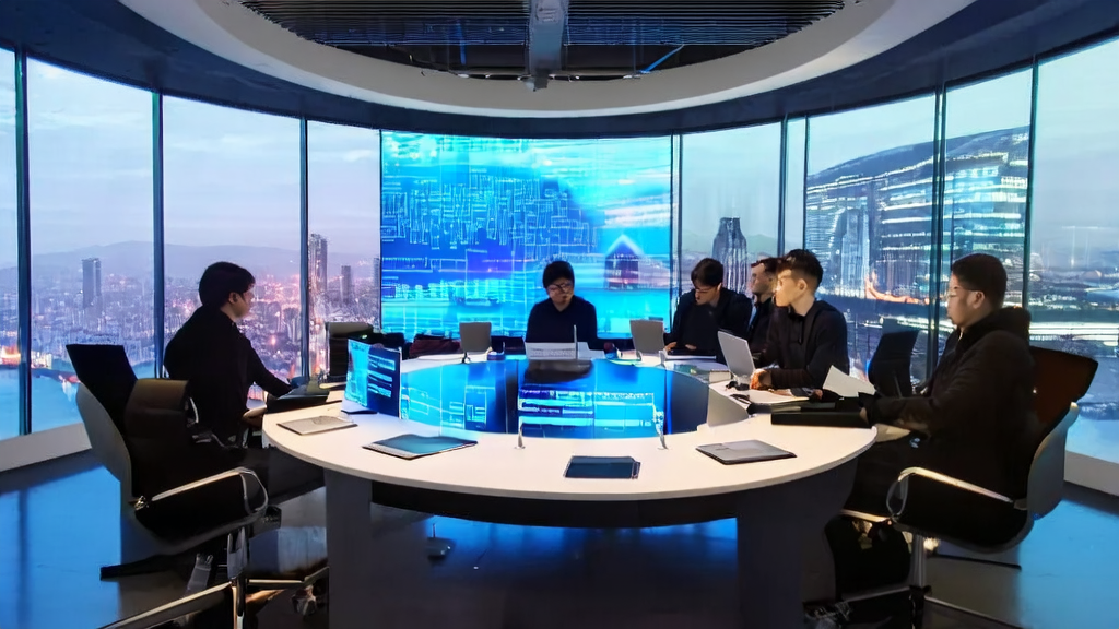 现代化办公室中，年轻创业者们正在讨论AI邮件营销策略，墙上显示着阿里新发布的Qwen3-Next-80B-A3B模型。