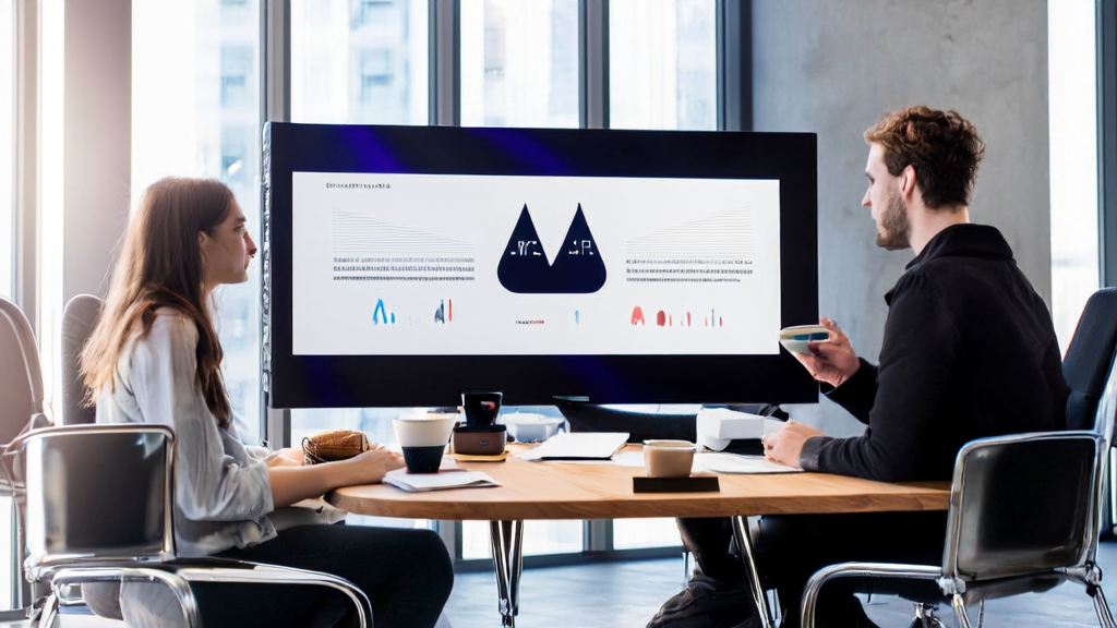 In a tech-filled office, entrepreneurs are discussing an elegant PPT created by AI Slides