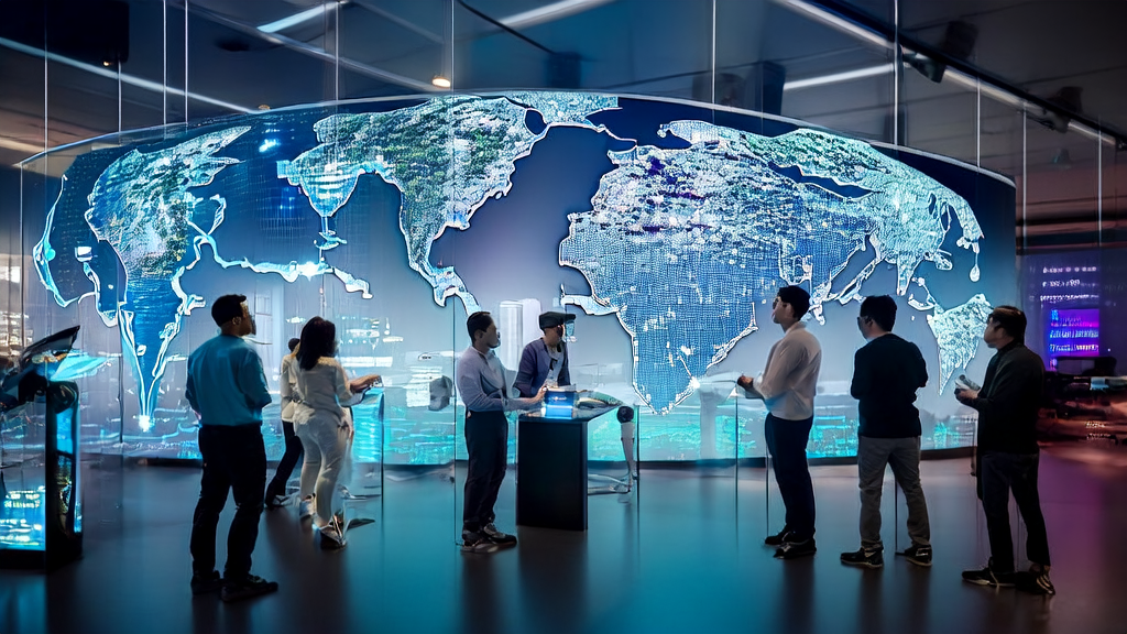 In a futuristic office, entrepreneurs leverage AI technology to optimize email marketing effectiveness in overseas markets