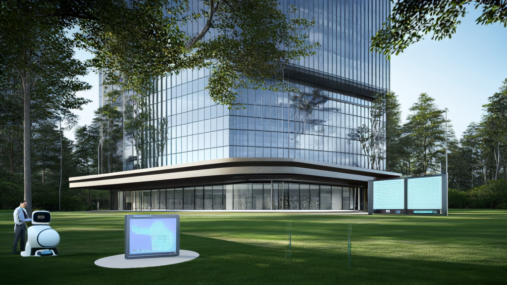 A young professional checking an AI-optimized personalized email in front of a modern office building, with a display showcasing various personalized email templates and a robot delivering coffee nearby.