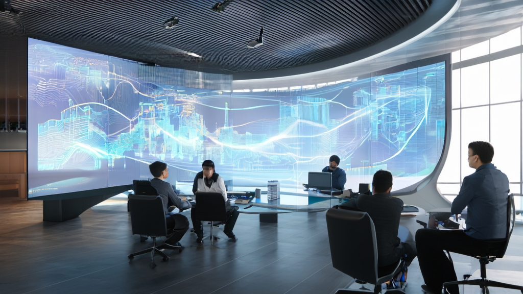 在未来感十足的办公室中，营销专家们利用AI技术进行精准高效的邮件营销，背景是阳光明媚的窗外景色。