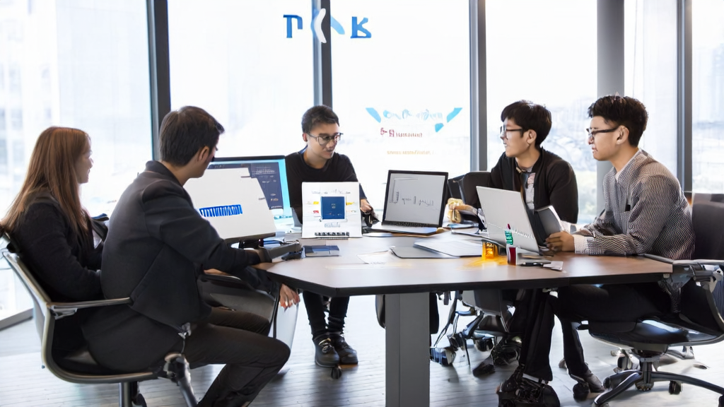 年轻创业者们在现代化办公室中讨论AI邮件营销策略，智能机器人自动处理邮件发送任务