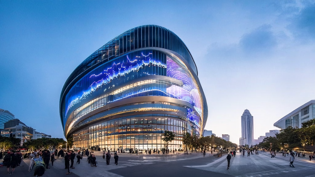 A futuristic office building showcasing DeepSeek's AI email marketing solutions with data streams on the screen and personalized email push notifications, with the Hangzhou government building in the background.