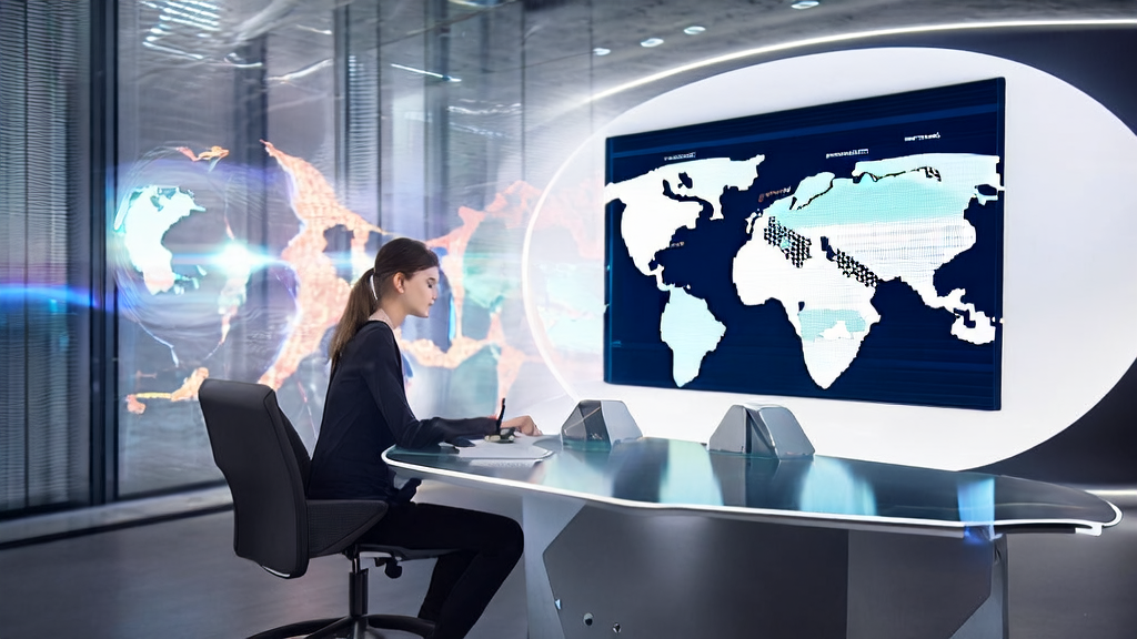 未来感办公室中，创业者使用AI技术优化邮件营销策略，桌上放置着Kyutai TTS设备