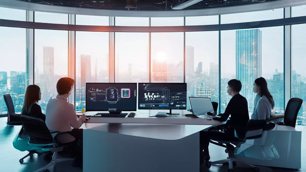 Office scene of young entrepreneurs using PixVerse "AI Me" to create innovative email marketing content with AI-generated videos and animations