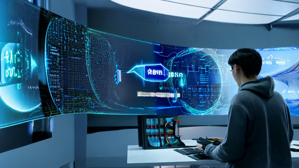 In a modern tech lab, an engineer is using the “Qingyuan“ large model to optimize email marketing strategies, with real-time monitoring scenes of the power industry in the background.