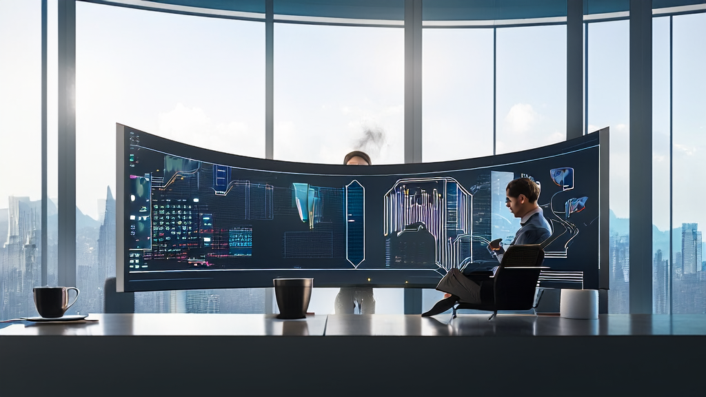 Entrepreneur using AI technology for email marketing in a futuristic office with a city skyline outside.