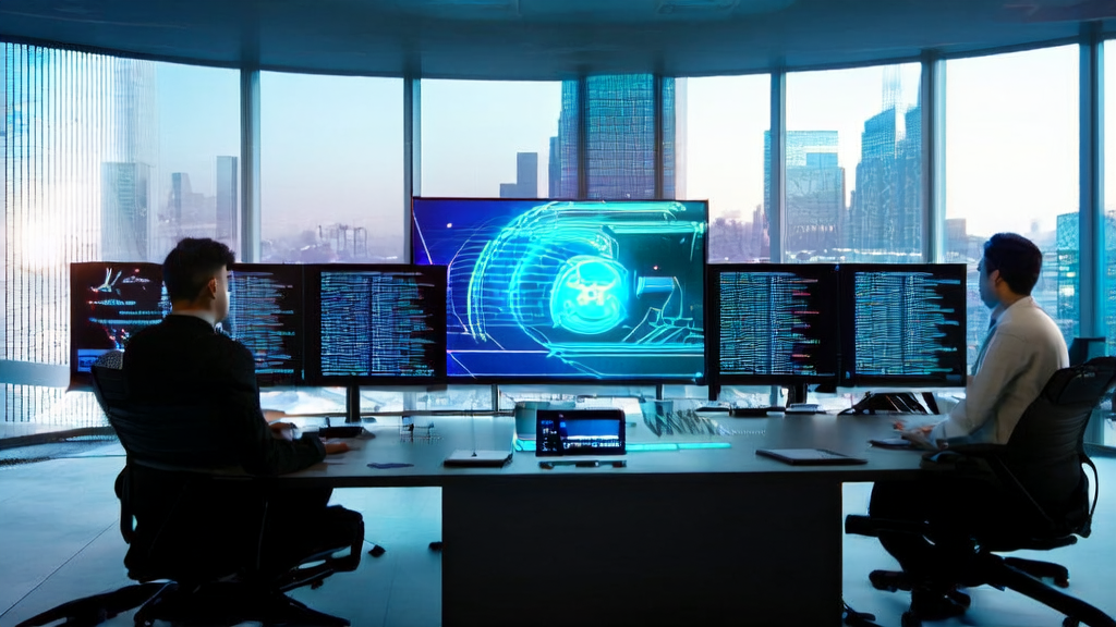 Developers in a futuristic tech office using Kiro for AI email marketing, with a large screen displaying the Kiro interface, creating an innovative and vibrant work atmosphere.
