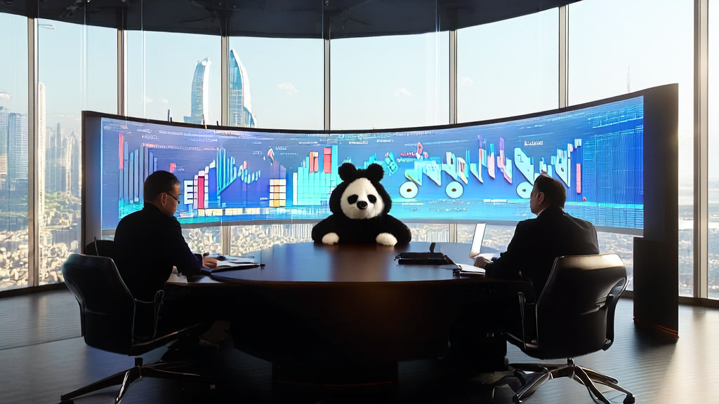 数据科学家和技术专家在阳光明媚的会议室中讨论基于AI的高转化邮件策略，背景墙上挂着一只戴着大檐帽的羊毛毡大熊猫。