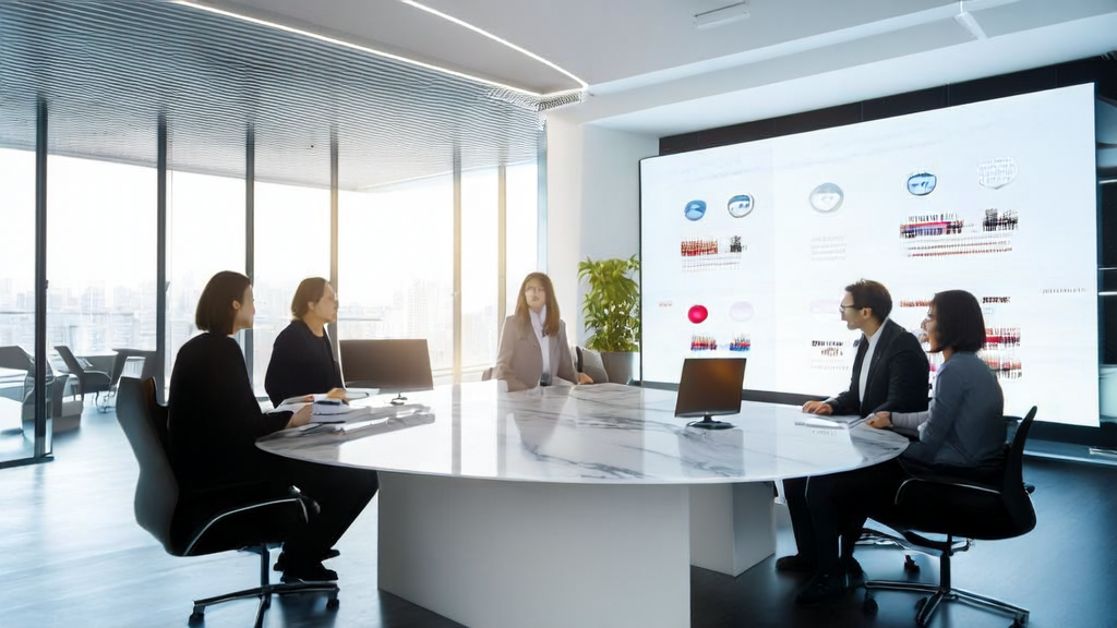 E-commerce executives discussing AI email marketing strategies in a meeting room, with Dream Pictures 4.0 generated visuals displayed on the wall
