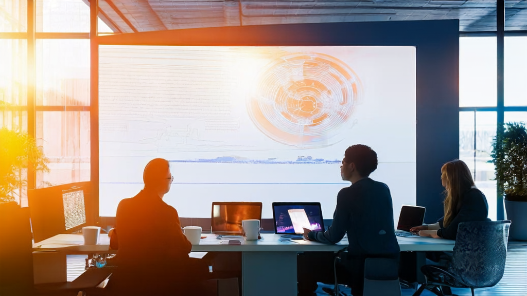 Employees in a modern office discussing AI-generated email templates