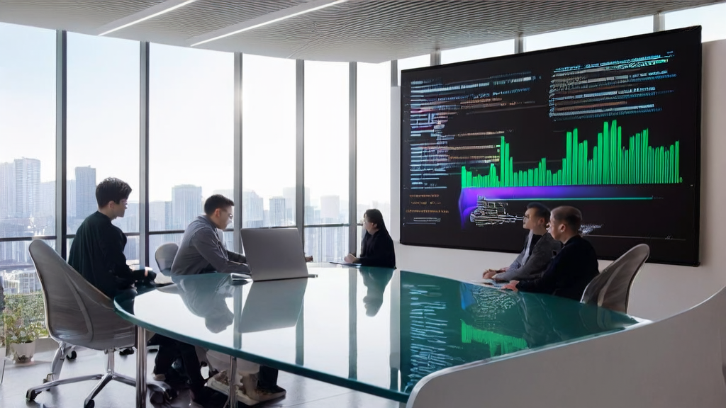 Young entrepreneurs in a modern office are analyzing AI email marketing data, with the city skyline in the background.