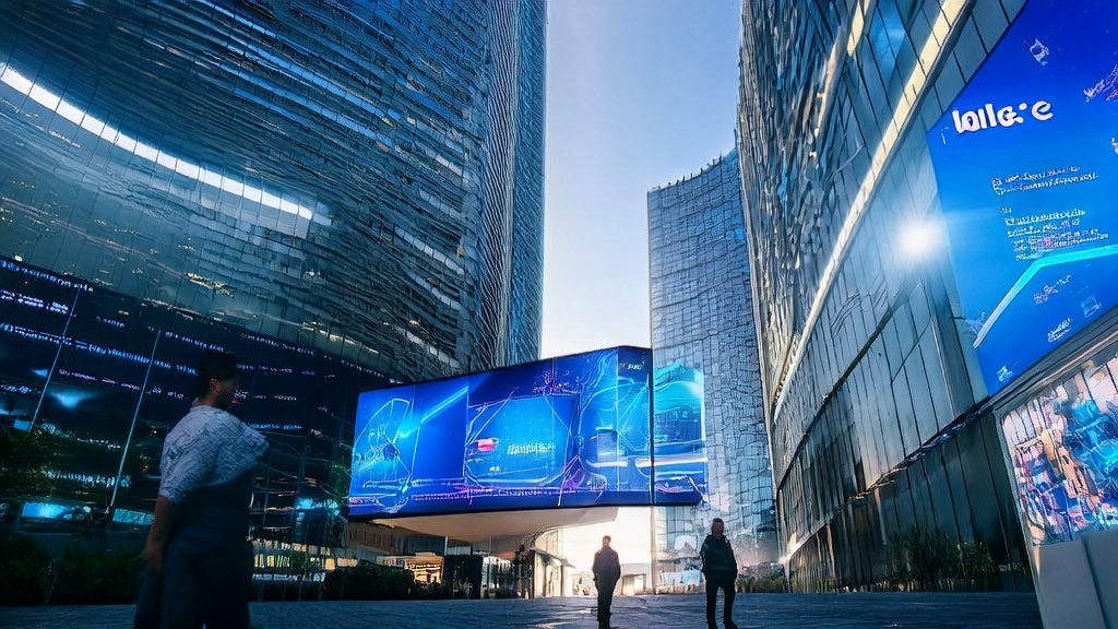 未来城市中的现代化办公大楼，展示AI驱动的个性化邮件营销平台和腾讯元宝的一句话搜索功能。