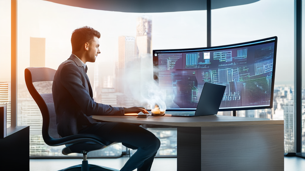 A modern office where an entrepreneur uses AI-optimized email marketing strategies to improve efficiency and response rates.