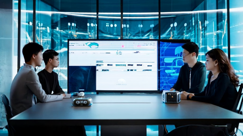 现代化办公室中展示AI邮件营销工具，旁边放置Anker AI语音记录器