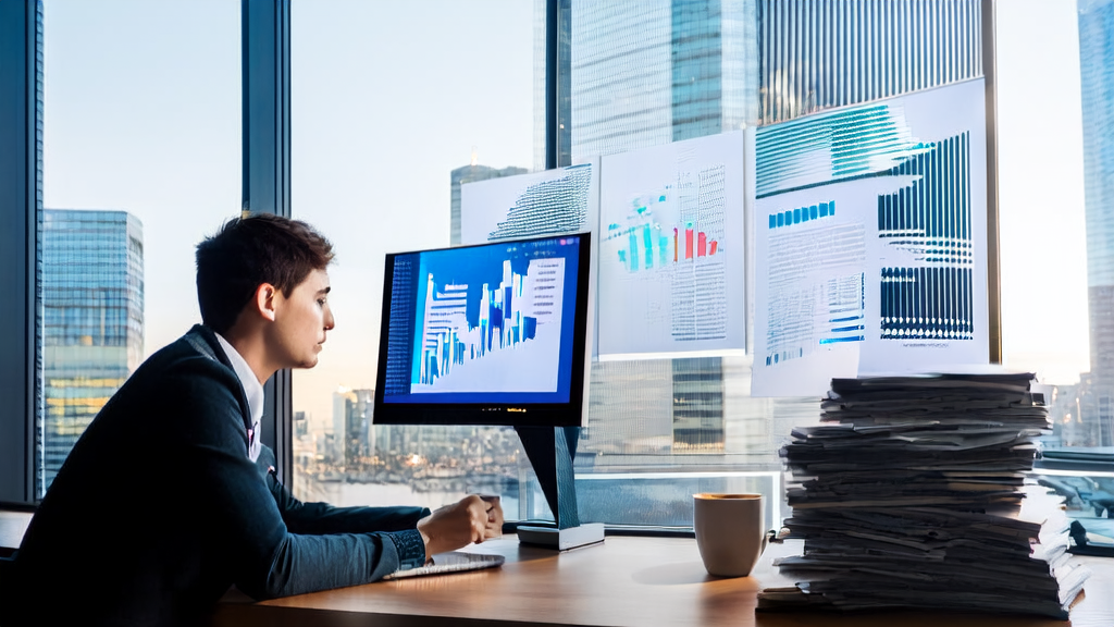 In a modern office, a marketing expert uses AI technology for personalized email marketing, with user behavior analysis and data charts displayed on the screen