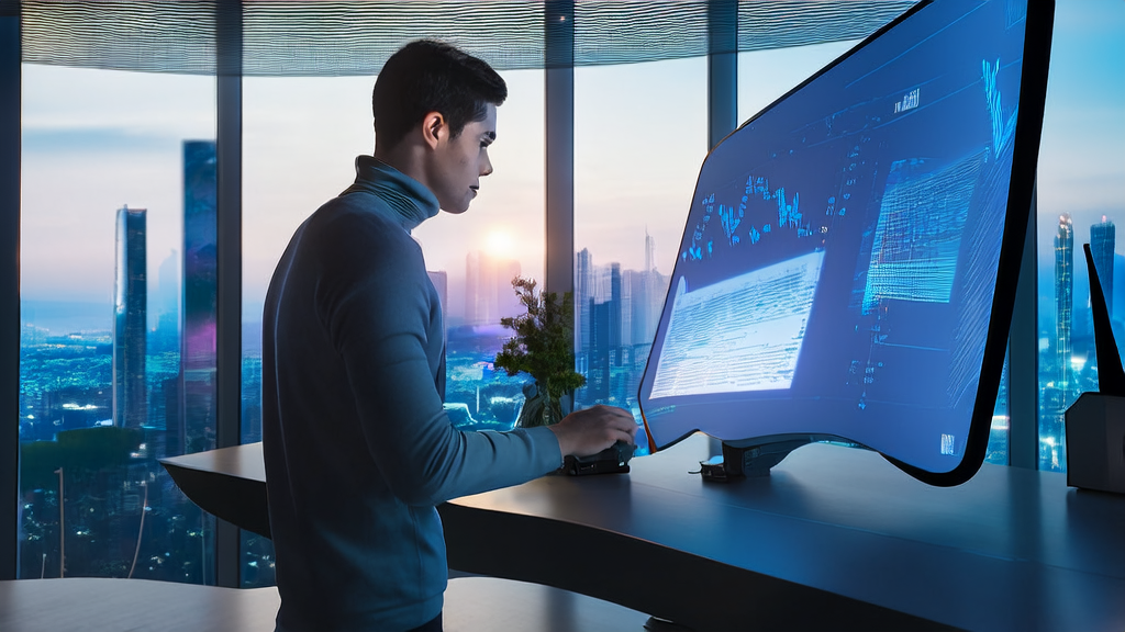 A young entrepreneur drafting high-conversion emails using AI technology in a futuristic office with a city skyline backdrop.