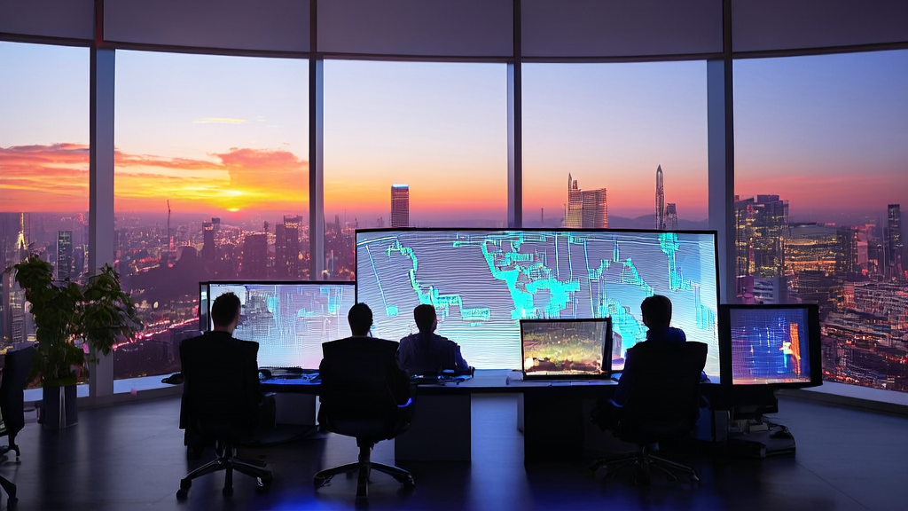 充满科技感的办公室内景，程序员们正在开发AI邮件营销系统，窗外是美丽的城市夜景。