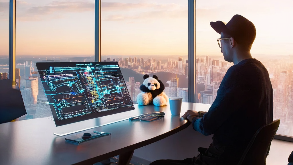 In a futuristic office, a marketing expert leverages AI to optimize email marketing, improving reply rates and customer engagement.