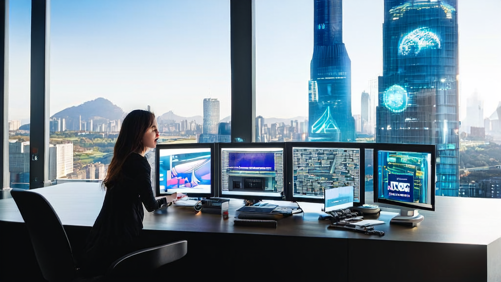 未来城市中的设计师正在利用AI技术进行邮件营销，背景是Google Veo 3的标志。