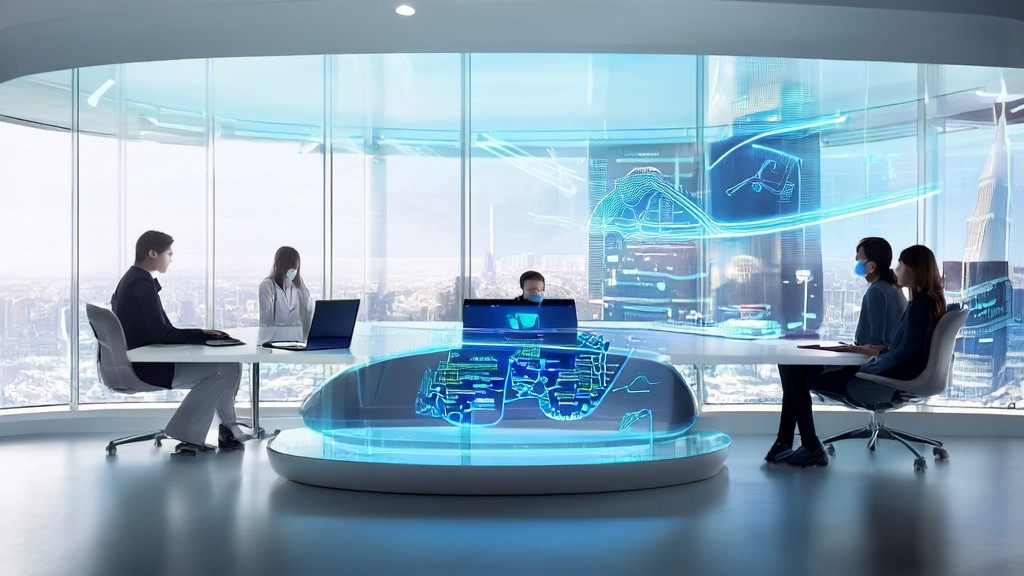 A data analyst in a modern office optimizes email marketing strategies using AI technology on a sunny morning