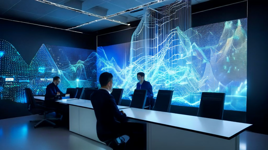 A futuristic office showcasing real-time AI email marketing data streams and the latest technology breakthroughs