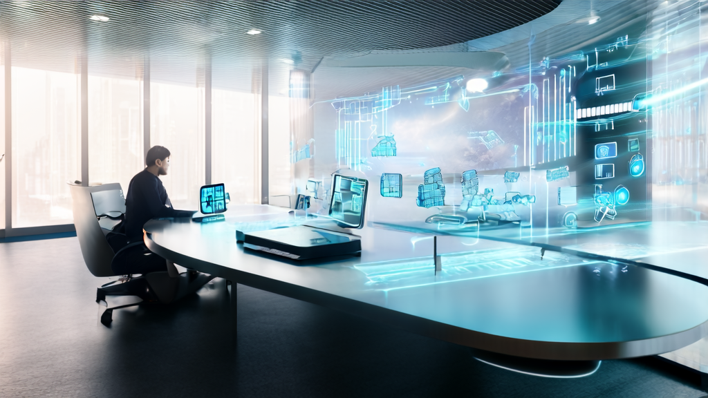 未来感办公室中，营销人员利用AI技术优化邮件营销，提高客户回应率