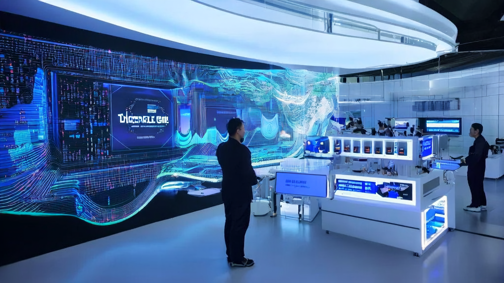 A high-tech lab in a futuristic city showcasing SenseTime's upcoming RRD v6.5 system and its application in AI email marketing.