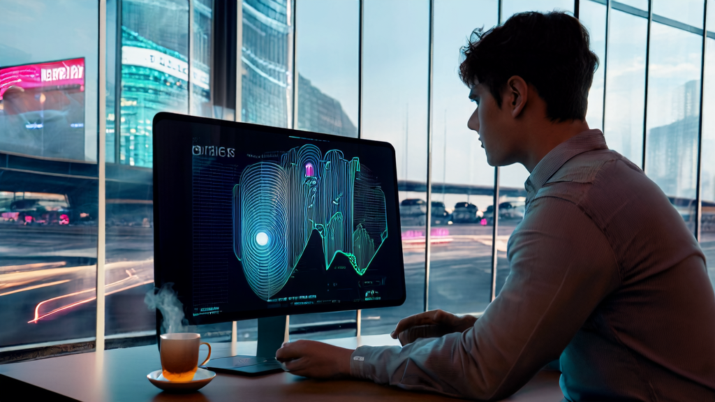 年轻创业者在现代化办公室中利用AI邮件营销和微信AI搜索分析客户行为数据