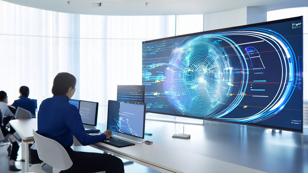 阳光下的现代化办公室，员工们正在使用AI邮件模板进行个性化营销，并确保内容符合最新法规要求。