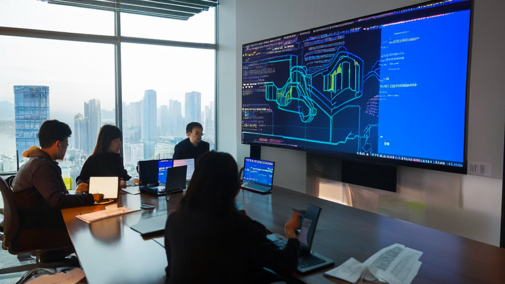 现代化办公室内的团队正在探讨基于AI的高转化邮件策略，背景是小米多模态大模型MiMo-VL的架构图。