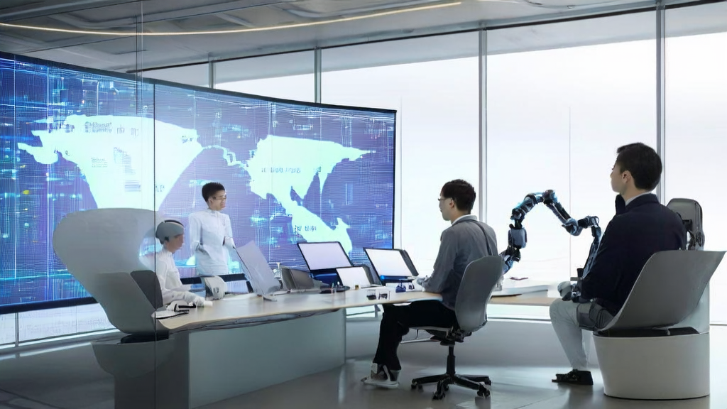 Modern office employees using AI technology for email marketing