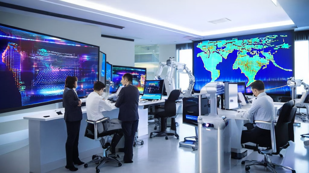在充满科技感的办公室中，员工们利用AI技术优化邮件营销策略，提高全球市场的获客回复率。