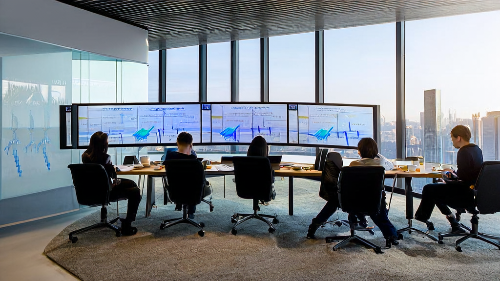 Office workers using AI technology to optimize email marketing and boost reply rates