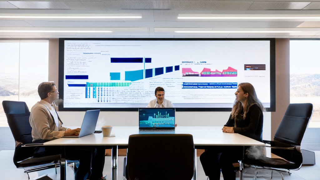 Office workers discussing AI email marketing strategies with a backdrop of Delaware scenery photos