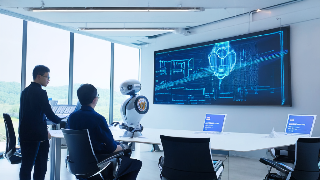 Team discussing AI-optimized email marketing data in an office, with the Unitree H1 humanoid robot nearby