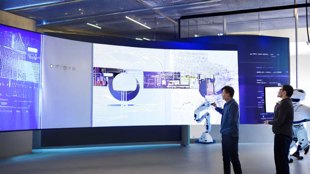 Professionals in a modern office discussing AI-generated personalized emails, with Claude AI analyzing customer behavior and generating charts automatically