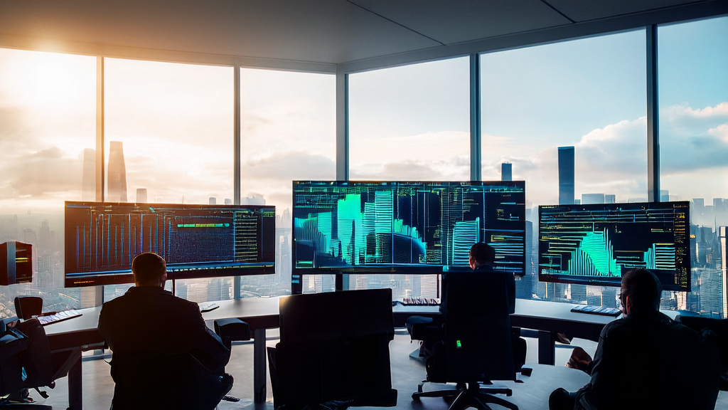 现代化办公室中数据科学家们正在开发AI邮件营销工具，背景是城市天际线和llm-d开源项目的展示屏幕。