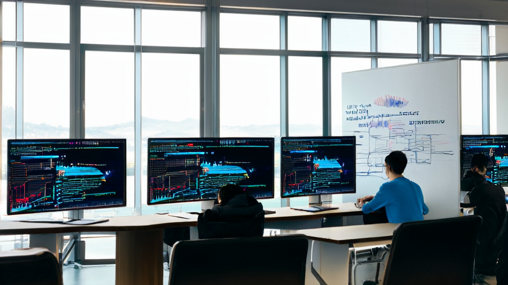 A modern office bathed in sunlight, where programmers are working on AI email marketing strategies, with a notice of Cyberspace Administration's AI regulation挂在墙上。注意：最后一句英文中“挂在墙上”应改为“hung on the wall”，正确表述为：A modern office bathed in sunlight, where programmers are working on AI email marketing strategies, with a notice of Cyberspace Administration's AI regulation hung on the wall.