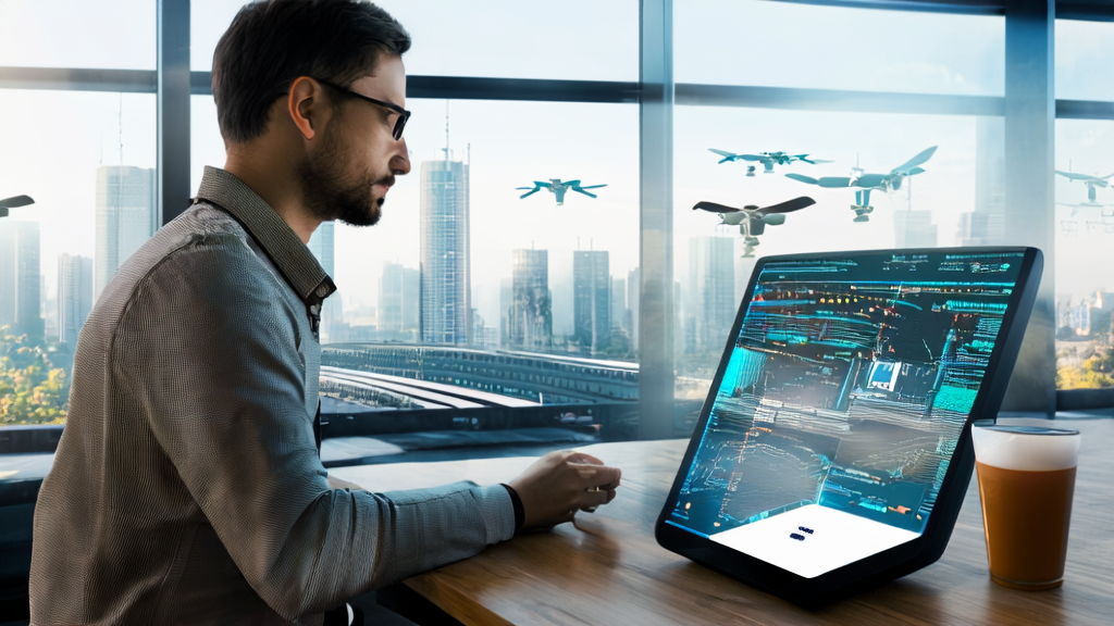 Young entrepreneur focused on operating an AI email marketing system in a futuristic office